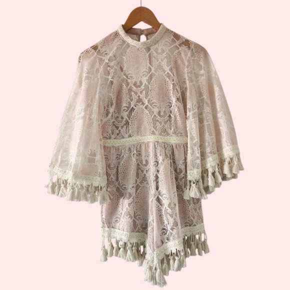 L'ATISTE Pants - L'Atiste By Amy PInk Ivory Lace Shorts Romper with Tassle Tr…